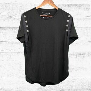 Black Short Sleeve Tee with Relaxed Fit and Decorative Shoulders